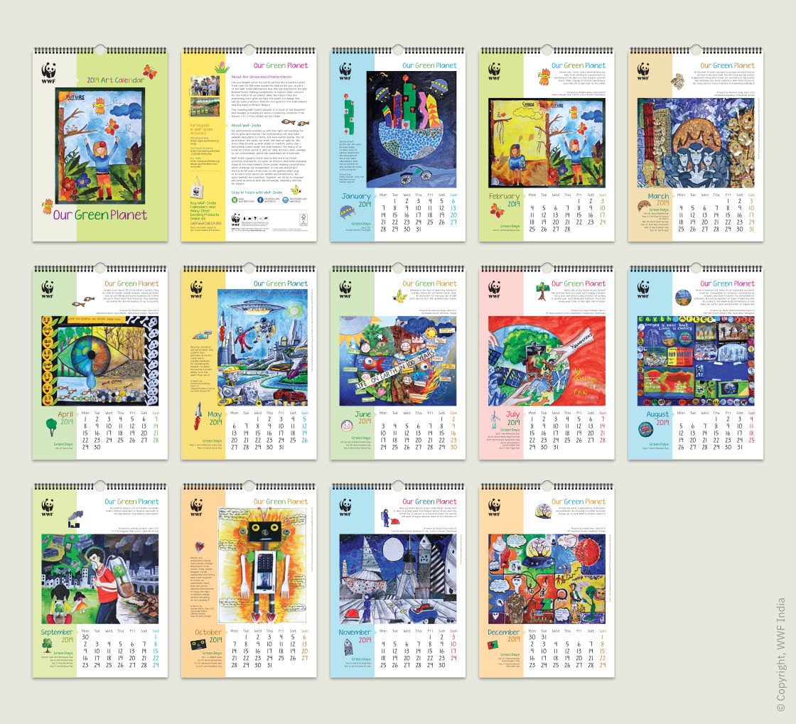 14 pages of the calendar including the cover page, information page and 12 month pages