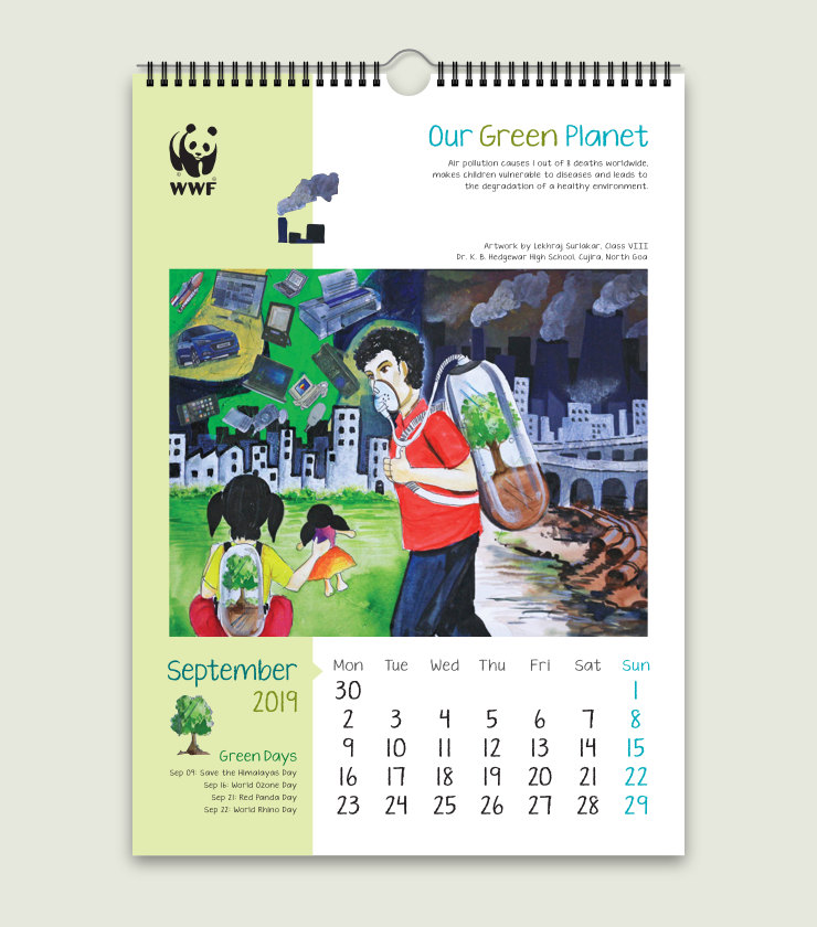 Page design with painting of people with oxygen cylinders in a polluted city, and calendar elements