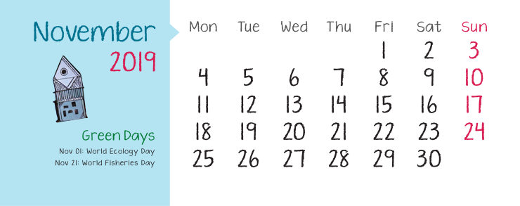 Closeup of calendar dates including month name and year (November 2019)